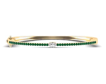 Natuurlijke smaragd en diamanten armband 14 kt geelgoud, kleine polsarmband, ovale diamant oost-west griffenzetting fijne sieraden