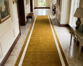 Gouden wollen loper met witte rand, handgetuft mosterdgeel tapijt in de gang, lange trapmat voor woonkamer woondecoratie cadeau