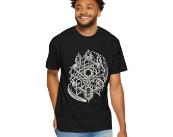 May include: A black short-sleeve t-shirt featuring a detailed white graphic print of an intricate architectural structure with staircases, arches, and celestial bodies including planets and a central dark sun, arranged in a circular composition.