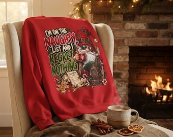 Christmas Crewneck, Red 50/50 Sweatshirt with Naughty Gnome Graphic