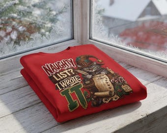 Holiday Sweatshirt With Naughty List Cat Graphic, 50/50 Cotton-Poly Crewneck
