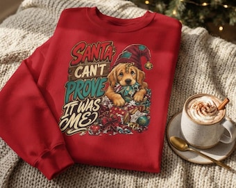 Christmas Sweatshirt with Naughty Puppy Graphic, 50/50 Cotton-Polyester Crewneck