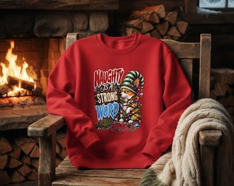 Christmas Sweatshirt with Naughty Elf Graphic, 50/50 Cotton-Poly Crewneck