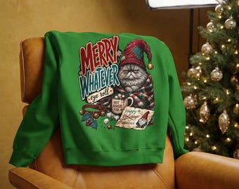 Grumpy Cat Christmas Sweatshirt, Merry Whatever Crewneck, 50/50 Cotton-Poly Blend