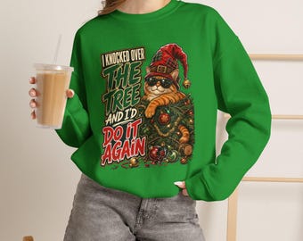 Christmas Crewneck Sweatshirt, 50/50 Cotton-Poly Blend With Funny Cat Graphic