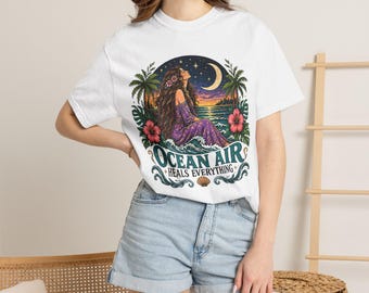 Ocean T Shirt With Mermaid Sunset Graphic, Garment-Dyed 100% Cotton Tee