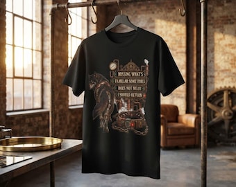 May include: A black short-sleeve t-shirt featuring a graphic of a wolf and a mechanical collar. The design includes steam-powered machinery elements and the text: MISSING WHAT'S FAMILIAR SOMETIMES DOES NOT MEAN I SHOULD RETURN.