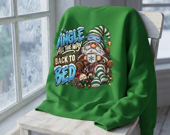 Christmas Sweatshirt, Green Crewneck with Sleepy Gnome Graphic