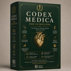 May include: A dark green rectangular box titled Codex Medica for Clinicians. The front features gold text, a central anatomical heart illustration, and icons representing clinical knowledge, shift management, and financial tracking tools.