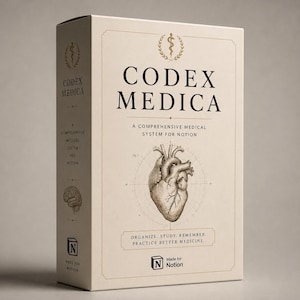 以下が含まれることがあります： CODEX MEDICA A COMPREHENSIVE MEDICAL SYSTEM FOR NOTIONとラベルされた長方形のオフホワイトの箱。前面には、詳細な解剖学的心臓のイラスト、カドゥケウスのシンボル、およびORGANIZE. STUDY. REMEMBER. PRACTICE BETTER MEDICINE.というテキストが記載されています。