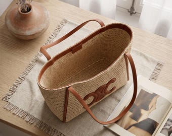 Raffia Tote Bag, Natural Woven Shoulder Purse, Tan Leather Trim Beach Shopper, Large Summer Market Bag, Boho Vacation Tote