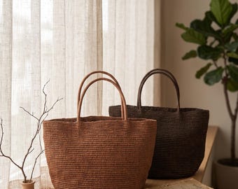 Handwoven Raffia Tote Bag, Brown Crochet Market Basket, Summer Beach Shopper, Natural Straw Shoulder Bag, Minimalist Carryall