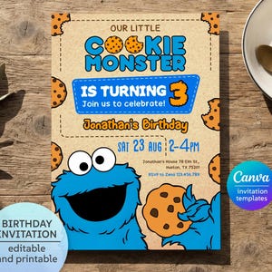 May include: A birthday invitation card featuring a blue furry monster character, chocolate chip cookies, and the text: Our Little Cookie Monster Is Turning 3, Join us to celebrate!, Jonathan's Birthday, Sat 23 Aug 2-4pm, Jonathan's House 78 Elm St., Huston, TX 75201, RSVP to Zena 123.456.789.