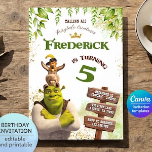 Op de afbeelding: Een verjaardagsuitnodigingskaart met Shrek, Ezel en de Gelaarsde Kat. De tekst luidt: Calling all Fairytale Creatures, Frederick is turning 5, December 16, 11:00AM - 1:00PM, 575 First Lane Avenue, TX 77890, RSVP to Rihanna 123.456.789.