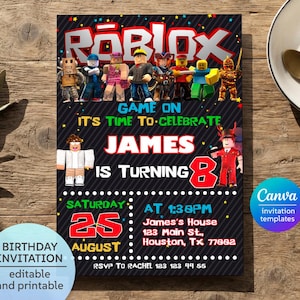 Puede incluir: Una tarjeta de invitación de cumpleaños rectangular con el logotipo de Roblox en la parte superior, seguido de varias figuras. El texto dice: GAME ON IT'S TIME TO CELEBRATE JAMES IS TURNING 8, SATURDAY 25 AUGUST AT 1:30PM, James's House 123 Main St., Houston, TX 77002, RSVP TO RACHEL 123 123 44 55.