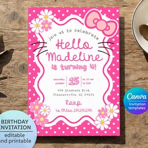 May include: A pink birthday invitation card with white polka dots, featuring a white scalloped centre, a pink bow, and white daisy graphics. The text reads: join us to celebrate Hello Madeline is turning 4! saturday october 15 at 11 am to 2pm 456 Gladness Blvd, Pleasantville, SC 29201 RSVP to Chloe 234.234.2345.