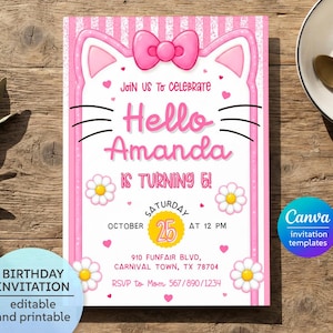 Può includere: Un biglietto d'invito di compleanno rettangolare con un bordo rosa a tema gatto, un fiocco, baffi e orecchie. Il testo recita: JOIN US TO CELEBRATE Hello Amanda IS TURNING 5! SATURDAY OCTOBER 25 AT 12 PM 910 FUNFAIR BLVD, CARNIVAL TOWN, TX 78704 RSVP to Mom 567/890/1234.