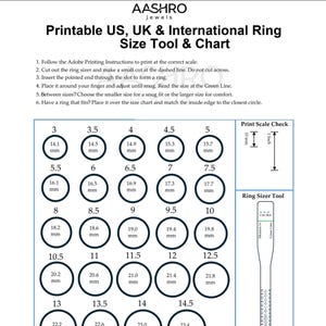May include: A printable ring size tool and chart by AASHRO jewels featuring US, UK, and international sizing. The document includes a grid of circles with diameters in mm, a print scale check with 10 mm and 1 inch markers, and a paper ring sizer.
