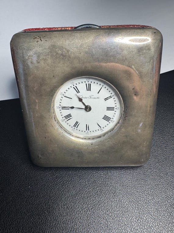 Antique Working 0.900 Silver Pocket Watch with Original Leather Travel Easel Desk Stand | Federico Tornotti Torino Italy|Vintage Desk Clock