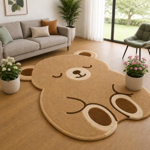 Op de afbeelding: Een beige, beervormig vloerkleed met een slapend gezicht, gesloten ogen, een afgeronde snuit en twee oren. Het kleed heeft donkerbruine accenten op de oren en voeten, met een lichtere snuit en voetzooltjes, wat zorgt voor een zachte textuur.