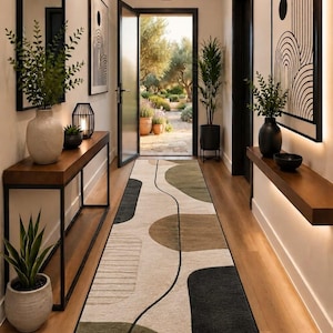 May include: A long hallway runner rug featuring an abstract pattern of beige, olive green, brown, and black organic shapes. The rug is positioned on a wooden floor in a corridor with two wooden console tables, potted plants, and wall art.