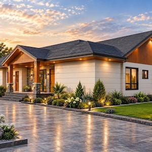 May include: A single-story house with a light-colored exterior, dark shingled roof, and wood-paneled gables. The front entrance features stone pillars and a covered porch. The property includes a paved driveway, landscaped garden, and exterior lighting.
