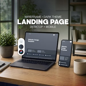 May include: A dark theme landing page wireframe design template displayed on a laptop and a smartphone. The screen shows the text Website Design Template with placeholder content. A small floating menu shows icons for desktop and mobile views.