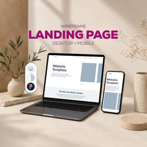 May include: A laptop and a smartphone displaying a wireframe landing page website template. The screen shows text including Website Template and Ut enim ad minim veniam. A small circular icon menu with three symbols is positioned to the left.
