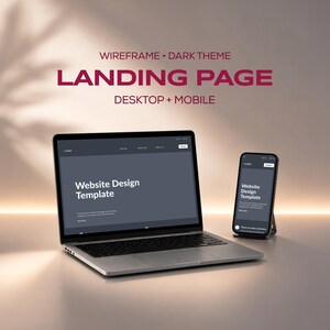 Può includere: Un portatile argento e uno smartphone che mostrano un modello di design per landing page con tema scuro. Il testo WIREFRAME • DARK THEME LANDING PAGE DESKTOP + MOBILE è visibile sopra i dispositivi, che mostrano Website Design Template.