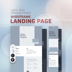 May include: A digital wireframe landing page template for desktop and mobile devices, featuring light and dark color schemes. The layout includes placeholder text, navigation menus, and section headers labeled Design Website Template.