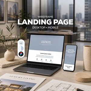 May include: A laptop and a smartphone displaying a landing page wireframe design template. The screen shows the text Landing Page Design Template Wireframe and Lorem ipsum dolor. A small icon panel shows desktop and mobile device symbols.