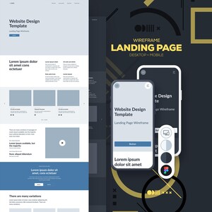 May include: A website design template featuring a landing page wireframe with a light blue and white layout, alongside a dark gray mobile interface mockup, a color palette selector, and geometric graphic elements with the text Website Design Template.