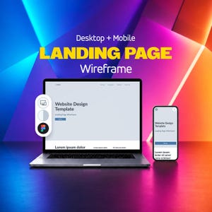 May include: A laptop and a smartphone displaying a website design template with the text Desktop + Mobile LANDING PAGE Wireframe. The screen shows a layout with the title Website Design Template and placeholder text Lorem ipsum dolor.