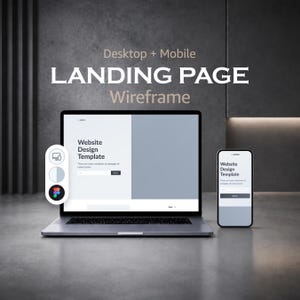 Pode incluir: Um portátil e um smartphone exibem um modelo de design de site com o texto Desktop + Mobile LANDING PAGE Wireframe, Website Design Template e um ícone Figma. As telas mostram um layout com cabeçalho, texto e um botão.