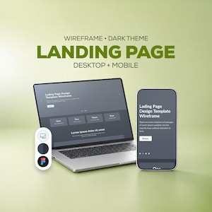 Könnte beinhalten: Ein silberner Laptop und ein Smartphone mit einem Landingpage-Wireframe-Design im Dark Mode. Der Text auf dem Bildschirm lautet Landing Page Design Template Wireframe. Ein vertikales Symbolfeld zeigt Desktop- und Mobil-Symbole mit Figma-Logo.