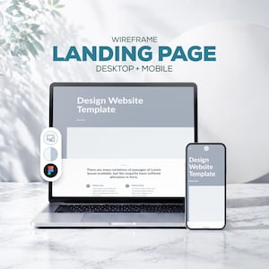 May include: A laptop and a smartphone displaying a wireframe landing page website template. The screens show the text Design Website Template and Lorem Ipsum placeholder text. A small floating menu icon set is visible to the left of the laptop.