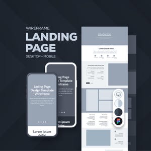 May include: A digital wireframe landing page template featuring desktop and mobile layouts in shades of gray. The design includes placeholder text, navigation elements, and a vertical color palette tool with icons on a dark charcoal background.