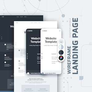 May include: A digital wireframe landing page template featuring layered mobile and desktop layouts in black, white, and grey. The design includes placeholder text, navigation menus, and a small floating control panel with icons for device views.