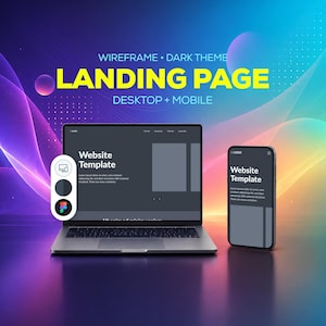 May include: A laptop and a smartphone displaying a dark theme website template with wireframe layouts. The text reads WIREFRAME DARK THEME LANDING PAGE DESKTOP + MOBILE. A small floating menu shows icons for screen sizes and a Figma logo on a colorful background.