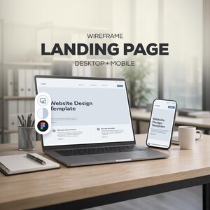 May include: A digital wireframe landing page template displayed on a laptop and a smartphone. The screen shows the text Website Design Template. A floating menu with icons, a pen holder with pens, and a notebook are present on the wooden desk.