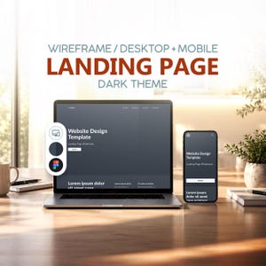 May include: A laptop and a smartphone displaying a dark theme landing page wireframe. The screen text reads Website Design Template, Landing Page Wireframe, and Lorem ipsum dolor sit amet. A floating menu shows icons for desktop, mobile, and Figma.