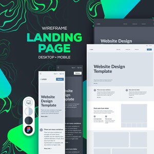 May include: A digital graphic displaying wireframe landing page templates for desktop and mobile devices. The text reads WIREFRAME LANDING PAGE DESKTOP + MOBILE and Website Design Template. The design features a dark background with green abstract shapes.