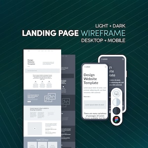 Puede incluir: Un recurso de diseño digital con wireframes de páginas de destino claras y oscuras para escritorio y móvil. El gráfico muestra plantillas de diseño web con texto de marcador de posición, menús de navegación y un selector de color.