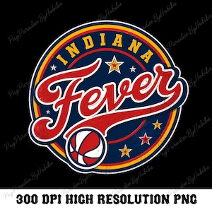 May include: A circular graphic logo featuring the text Indiana Fever in a bold red script font. The design includes a navy blue background with yellow and red circular borders, small yellow stars, and a basketball graphic at the bottom center.