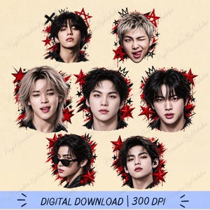May include: A digital graphic featuring seven individual portraits of young people with various hairstyles, arranged against a background of red star shapes and black ink splatters. The bottom text reads DIGITAL DOWNLOAD | 300 DPI.