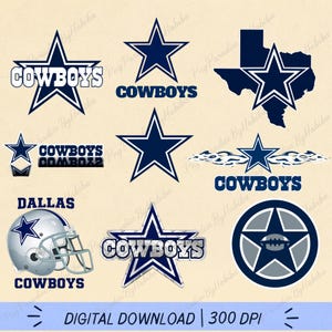 May include: A collection of Dallas Cowboys digital graphics featuring navy blue and silver stars, the state of Texas, a football helmet, and text reading COWBOYS and DALLAS. The designs include various star logos, a flame motif, and a circular emblem.