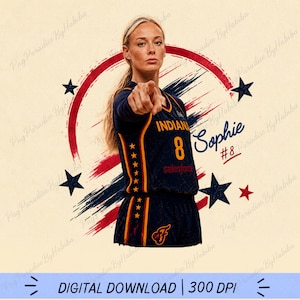Puede incluir: Un gráfico digital que muestra a una jugadora de baloncesto con una camiseta azul marino con detalles amarillos y rojos, el texto INDIANA 8 y el nombre Sophie #8. El diseño incluye un fondo circular con pinceladas rojas y azules y estrellas.