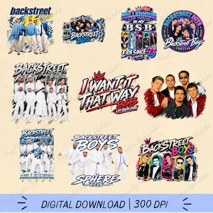 Puede incluir: Una colección de diseños gráficos digitales de la banda Backstreet Boys, que incluye varios retratos del grupo, logotipos y elementos de texto como Millennium, I Want It That Way y Las Vegas 2026, presentados como un archivo de descarga.
