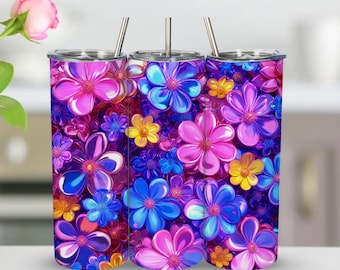 Neonfarbene Glasblumen-Becherfolie: Leuchtende florale Sublimationsdrucke (Digitaler Download)