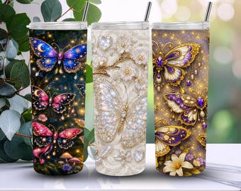 3er-Set Schmetterlings-Becherhüllen (PNG) | Weiß seidig | Fantasy Forest Glow | Lila-Goldglitzer | 20 oz (ca. 590 ml) schlank + konisch (digitaler Download)